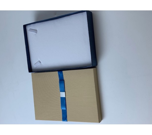 Tan/Blue ribbon NECKLACE box 5"x7 1/8"x1 3/8"H