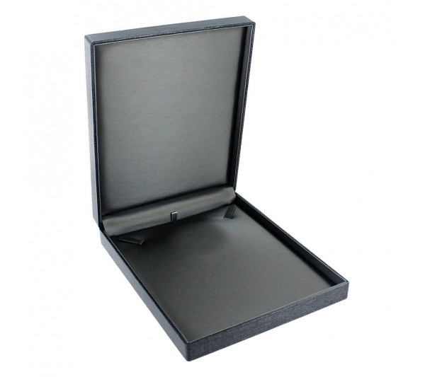 Metallic Grey woven Texture with Steel Grey leatherette  interior w/Ribbon Packer , Necklace Box 6 5/8" x 8 1/4" x 1 3/8" H