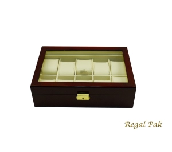 Elegant Rosewood Glasstop Watch Case With Suede Inserts (10-Watch) 11 5/8" X 8" X 3 1/4"H