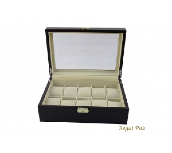 Dark Brown Glass Top Watch Case With Beige Suede Inserts (10-Watch) 11 5/8" X 8" X 3 1/4"H